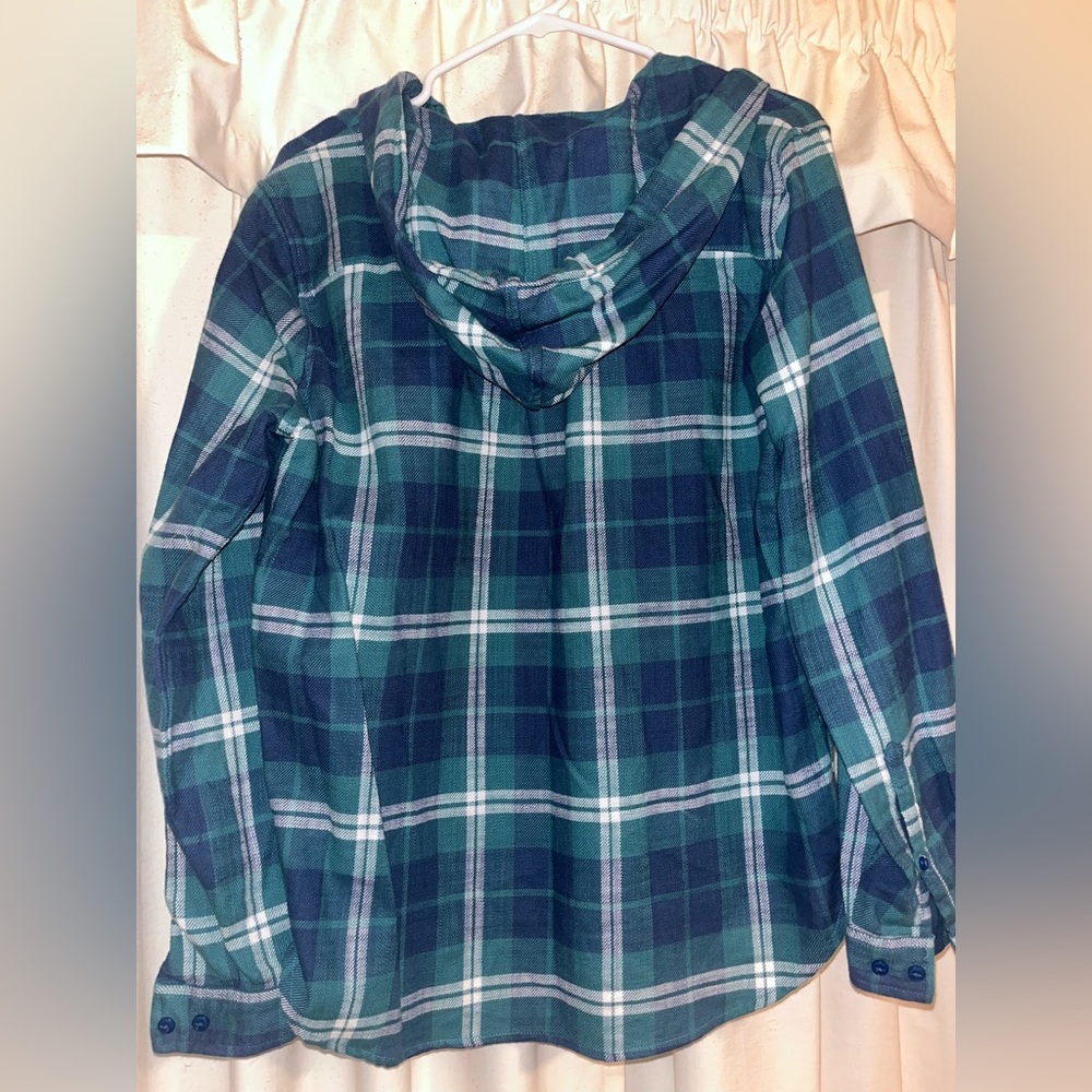 L.L. Bean Green with Blue Plaid Hooded Shirt